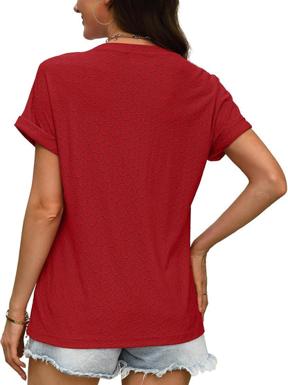 ✨Women's V Neck Eyelet Dressy Casual Basic Short Sleeve Tees