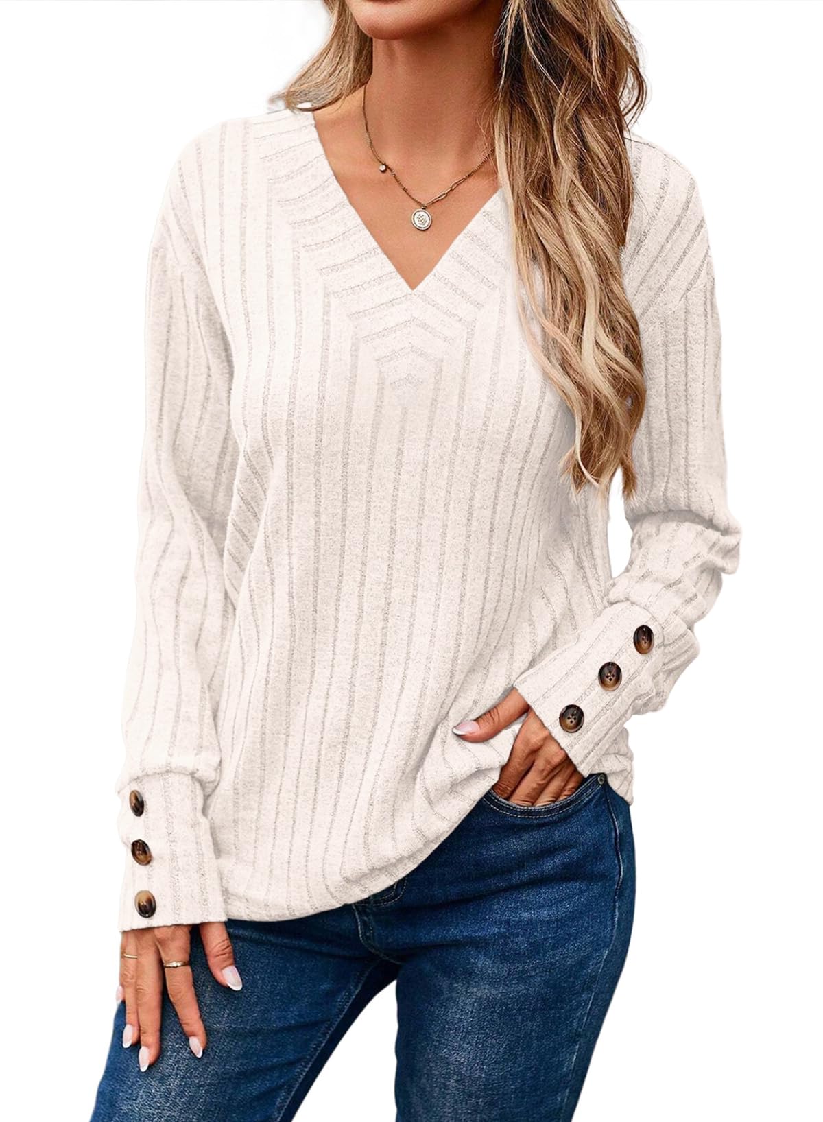 ✨Womens Soft Long Sleeve V Neck Shirts Solid Casual Decorative Buttons Knitted  Tops
