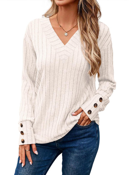 ✨Womens Soft Long Sleeve V Neck Shirts Solid Casual Decorative Buttons Knitted  Tops