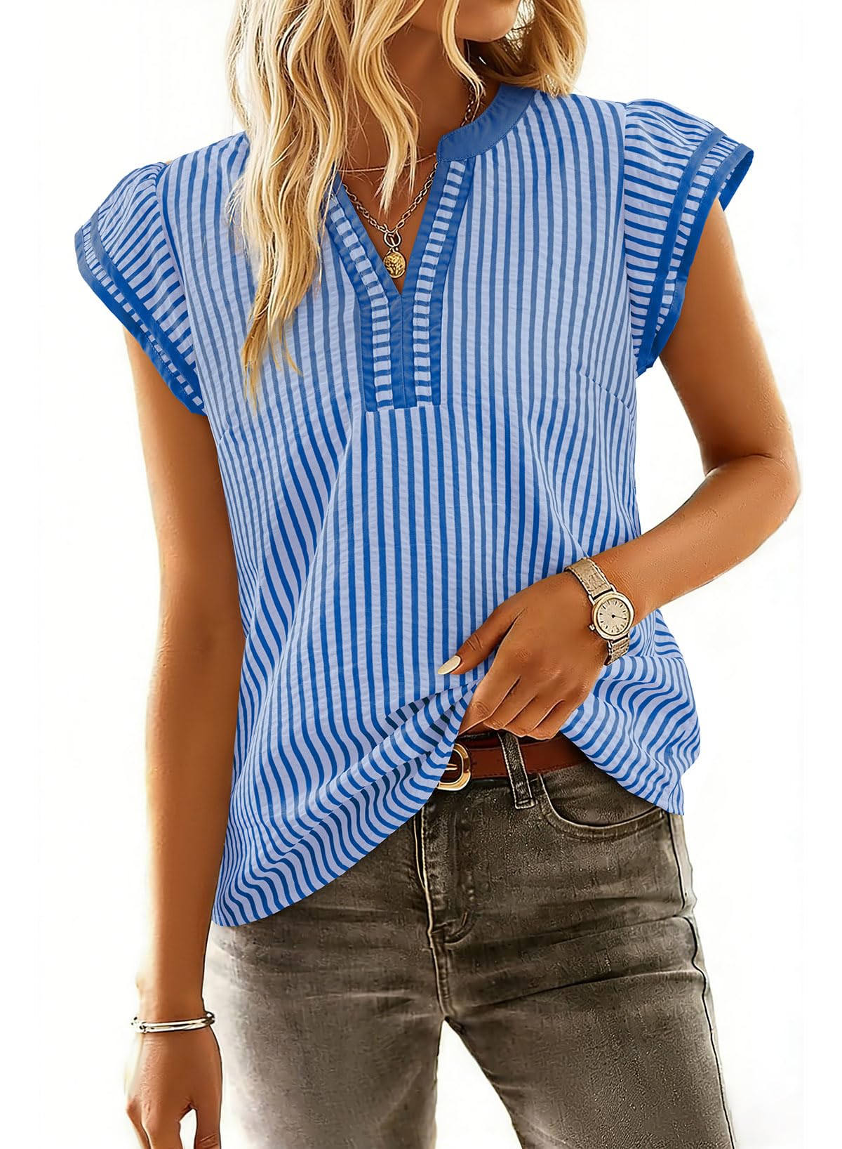 Womens Summer Tops Casual V Neck Cap Short Sleeve Striped T Shirts Loose Boho Blouses