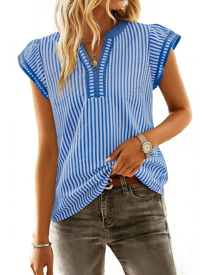 Womens Summer Tops Casual V Neck Cap Short Sleeve Striped T Shirts Loose Boho Blouses