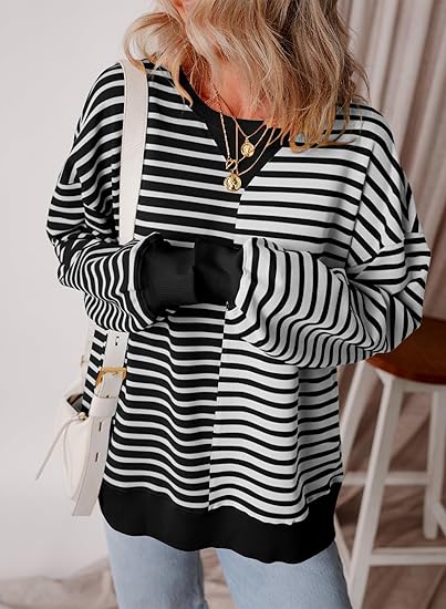 Hot Sale Womens Oversized Sweatshirts Striped Color Block Crewneck Sweatshirt