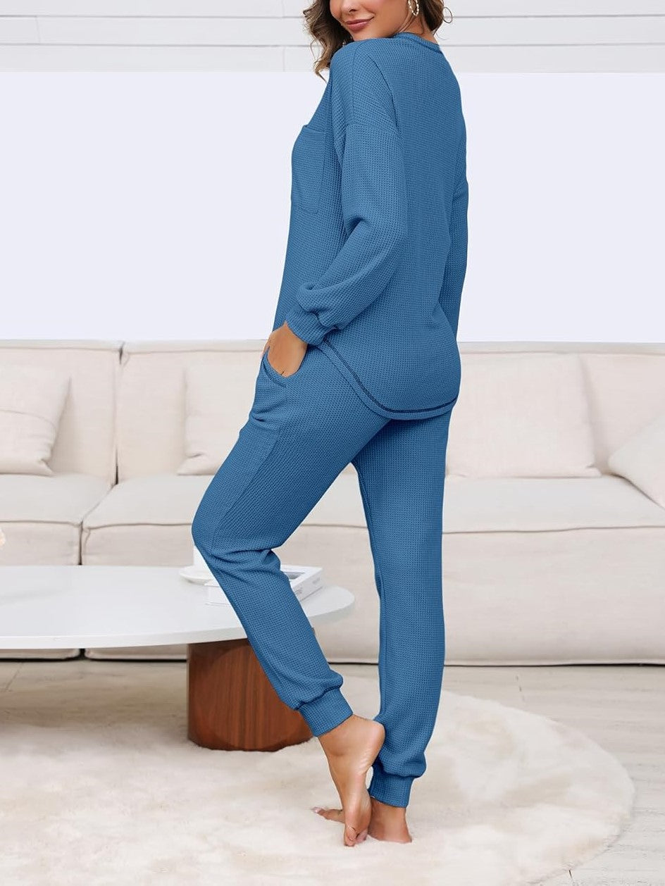 ✨V Neck Waffle Knit Sleepwear Top and Pant Lounge Sets