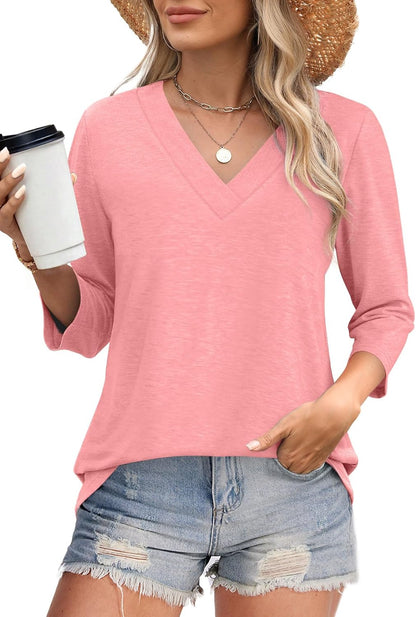 ✨Women's Trendy V Neck 3/4 Long Sleeve Tops Loose Fit Blouse