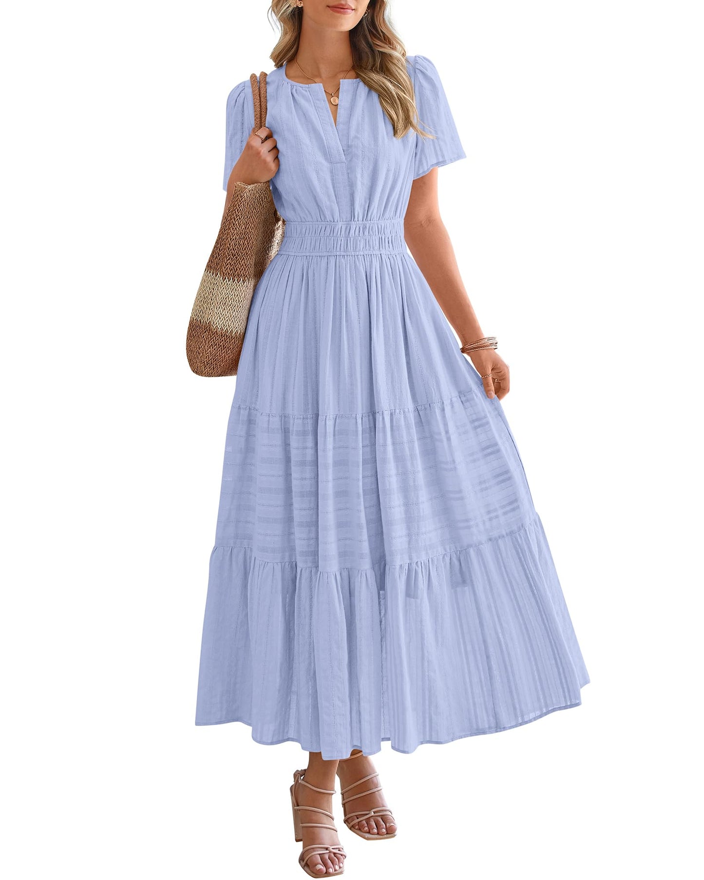 Women's Lightweight Short Sleeve V Neck Elastic Waist Dresses