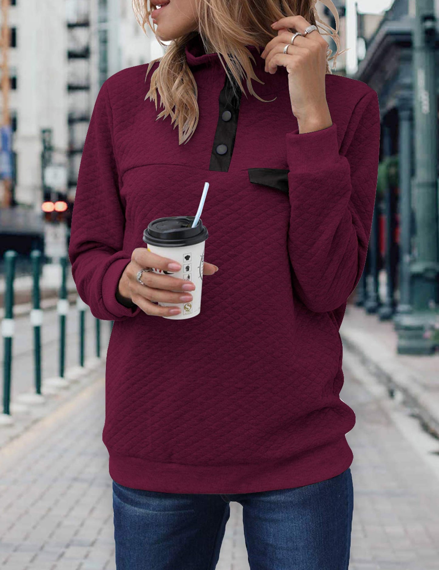 Women Fashion Quilted Pattern Lightweight Zipper Long Sleeve Plain Casual Ladies Sweatshirts