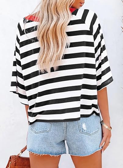 ✨Women's Cute Round Neck Striped Short Sleeve Casual Topb