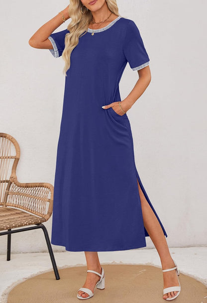 ✨Women's Summer Short-sleeved Round Neck Slit Casual Dress