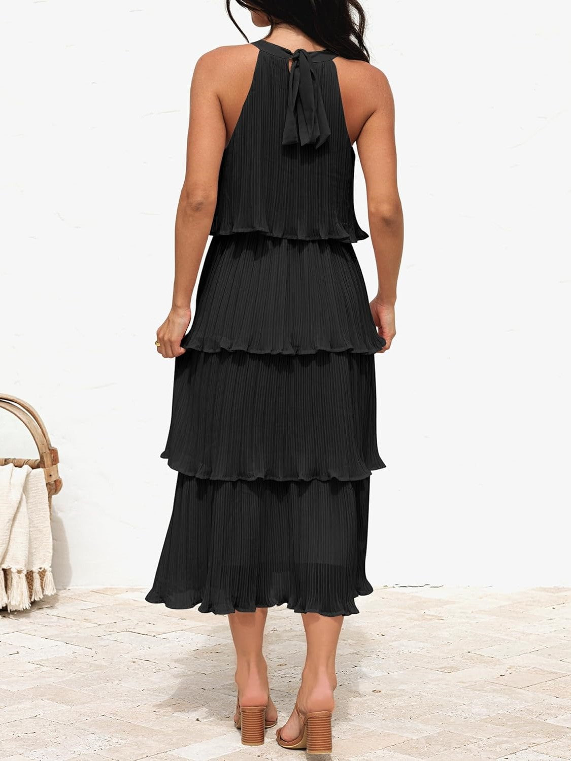⏰Hot Sale-Women's Summer Halter Neck Ruffle Tiered Layered Chiffon Flowy Swing Midi Dress