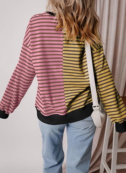 Hot Sale Womens Oversized Sweatshirts Striped Color Block Crewneck Sweatshirt