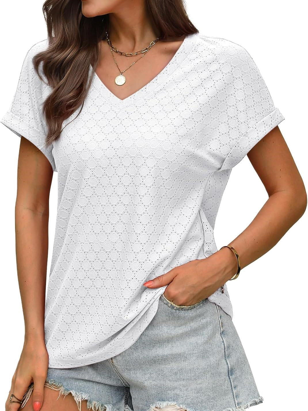 ✨Women's V Neck Eyelet Dressy Casual Basic Short Sleeve Tees