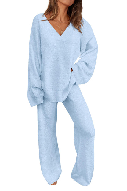 ✨Women's 2 Piece Oversized V Neck Pullover Sweater Fuzzy Lounge Set