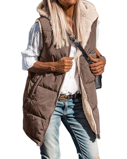 ✨Women's Sleeveless Hooded Reversible Fleece Jacket Zip Up Coat Outerwear Vests