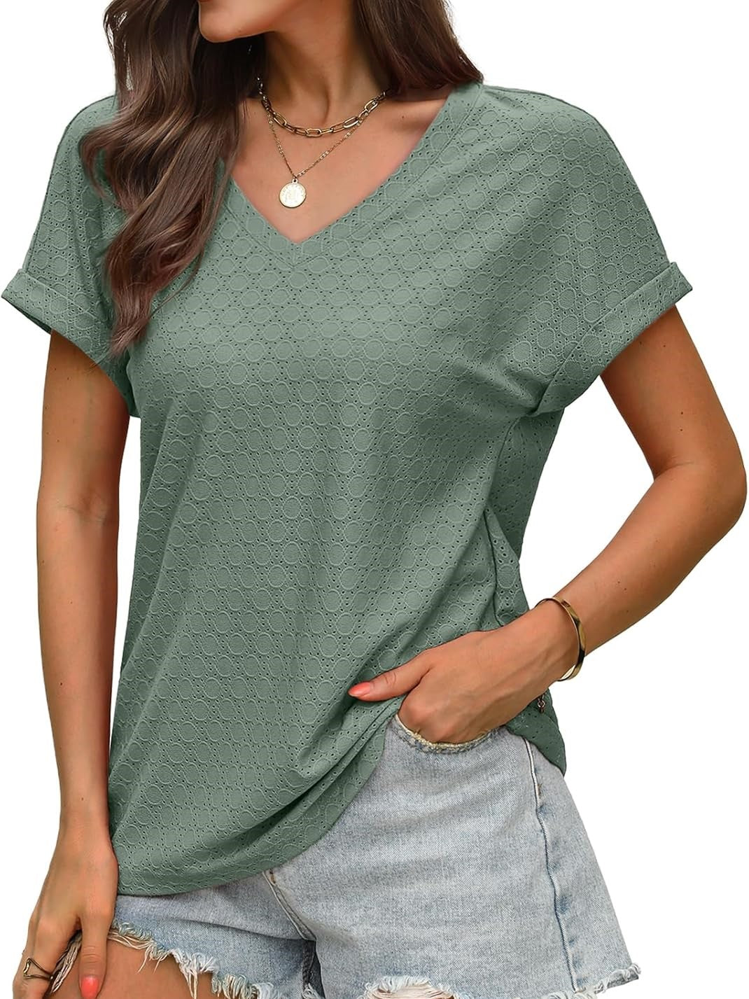 ✨Women's V Neck Eyelet Dressy Casual Basic Short Sleeve Tees