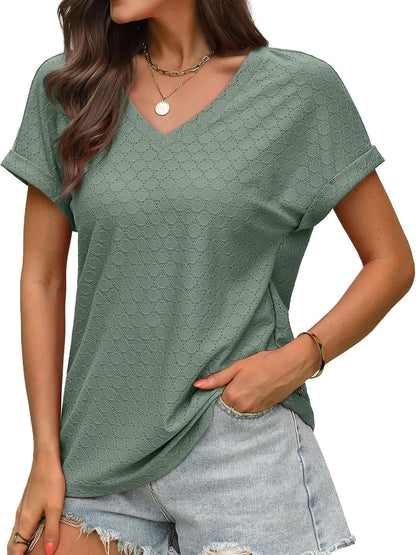 ✨Women's V Neck Eyelet Dressy Casual Basic Short Sleeve Tees