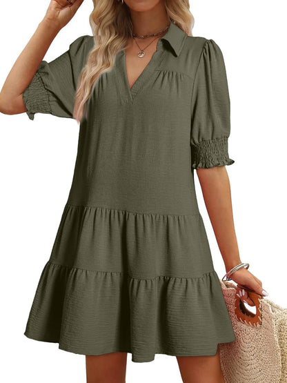 📣Smocked Sleeve Tiered V-Neck Mini Dress
