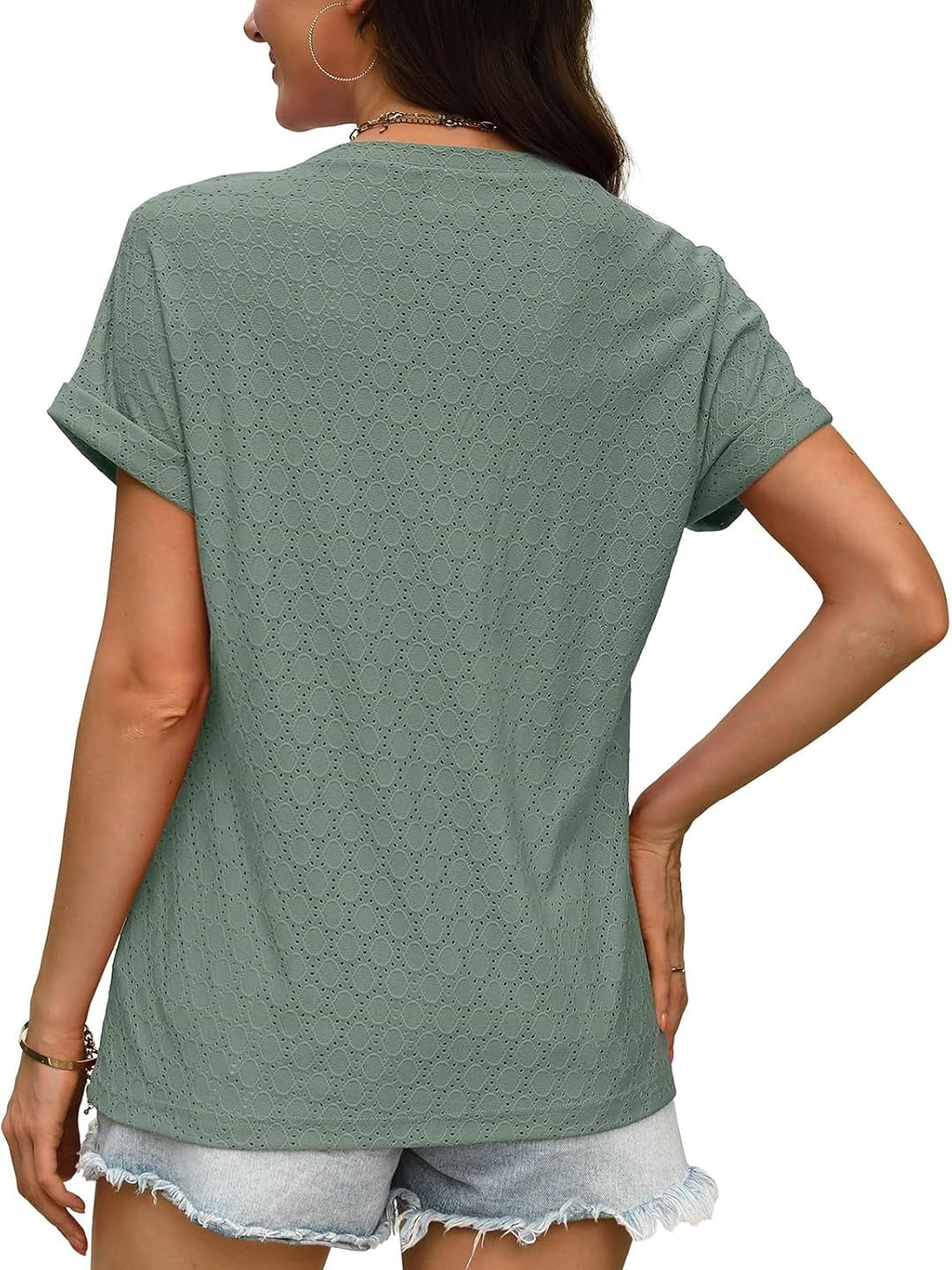 ✨Women's V Neck Eyelet Dressy Casual Basic Short Sleeve Tees