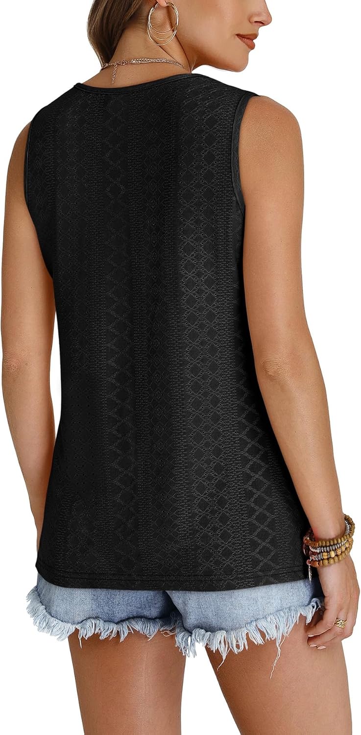 ✨Women Summer Outfits V Neck Tank Trendy Eyelet Sleeveless Basic T Shirts