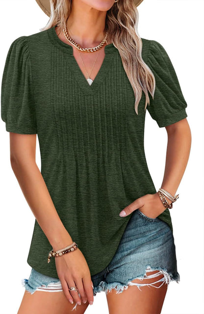 ✨Women's V-neck Loose Pleated Short-sleeved Waist Top