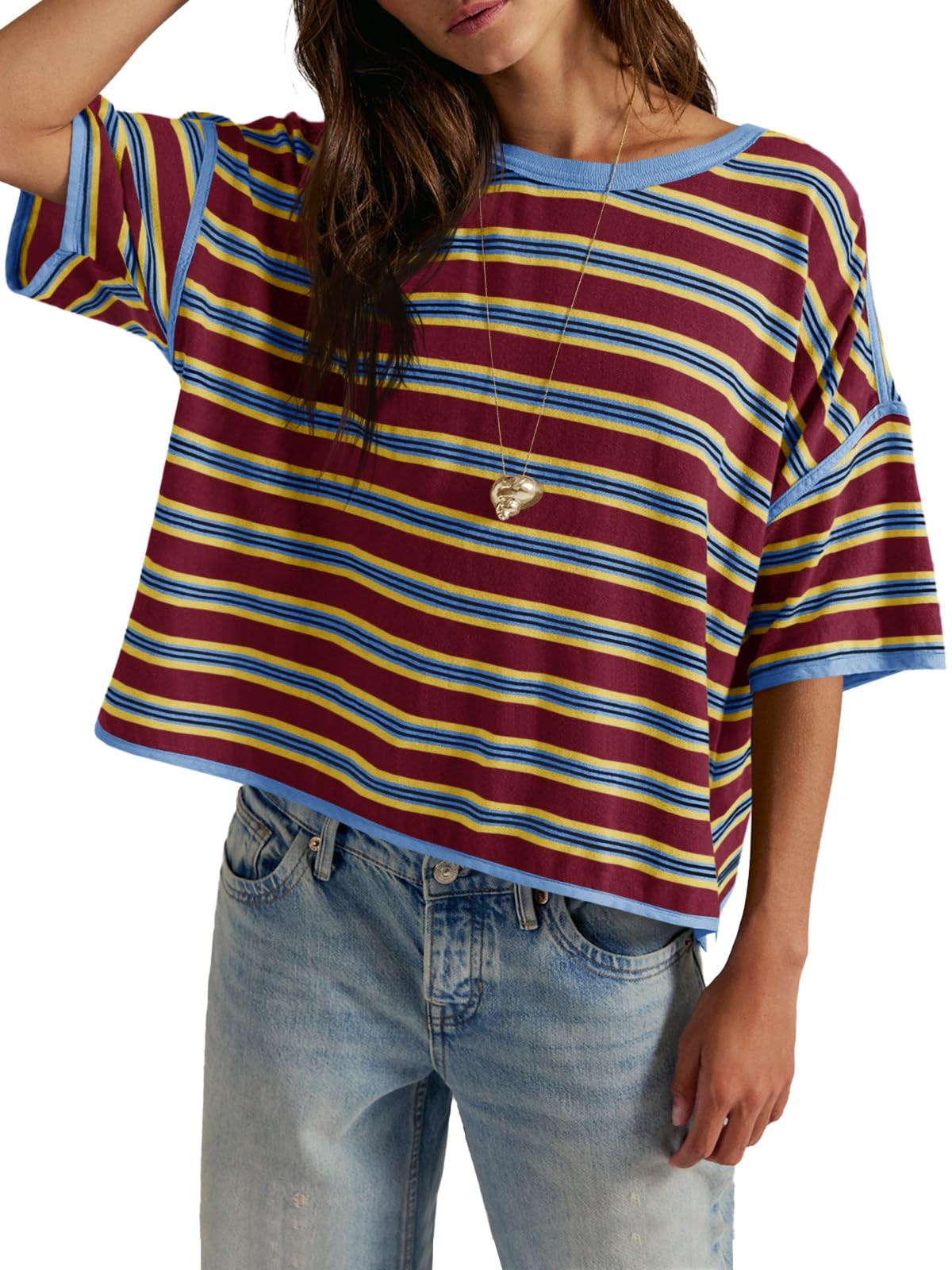 Womens Oversized Striped T-Shirts Summer Casual Color