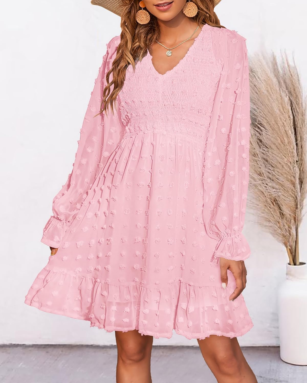 ✨Women's V Neck Casual Smocked Swiss Dot Swing Ruffle Mini Dress