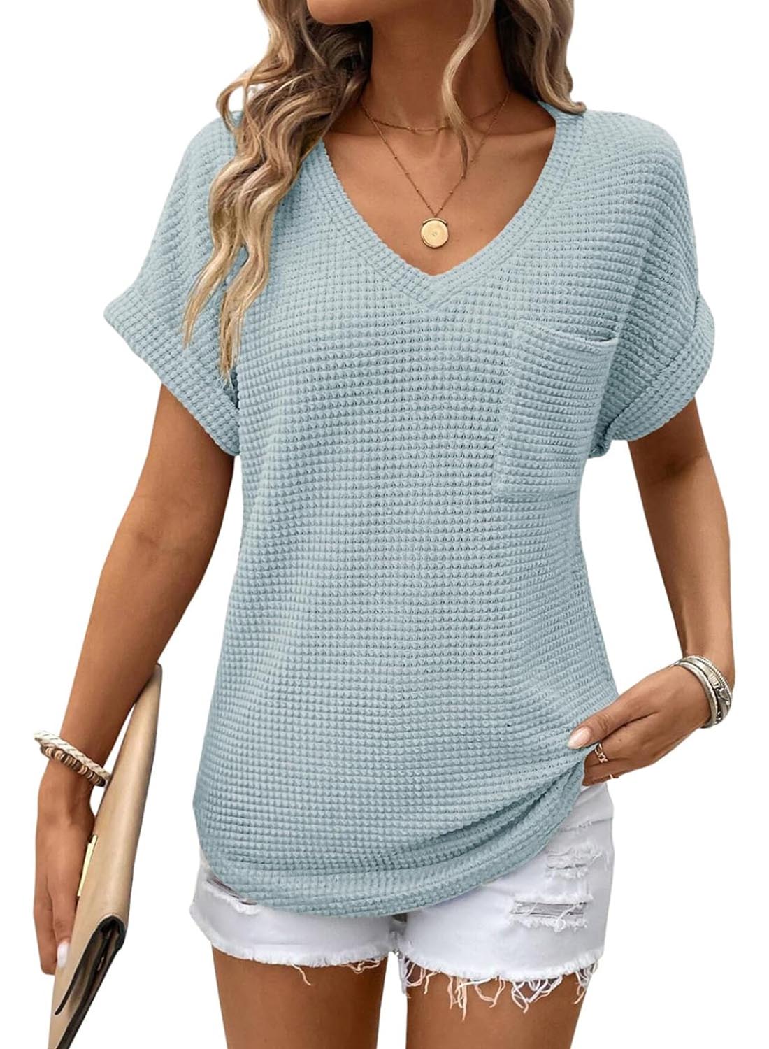 ✨Women's Oversized Waffle V Neck Short Sleeve Casual Top