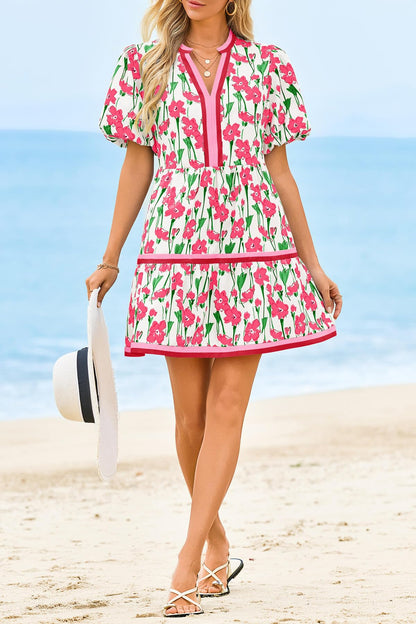 Womens V Neck Floral Mini Dress Short Puff Sleeve Patchwork