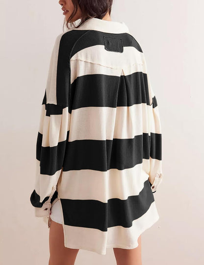 Women's Oversized Long Sleeve Button Striped Pullover
