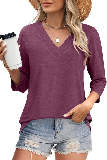 ✨Women's Trendy V Neck 3/4 Long Sleeve Tops Loose Fit Blouse