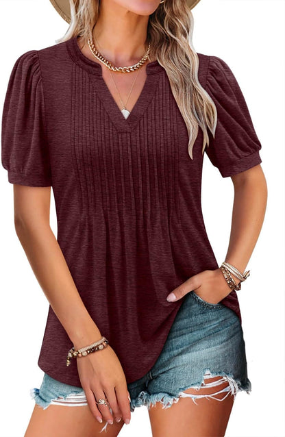 ✨Women's V-neck Loose Pleated Short-sleeved Waist Top
