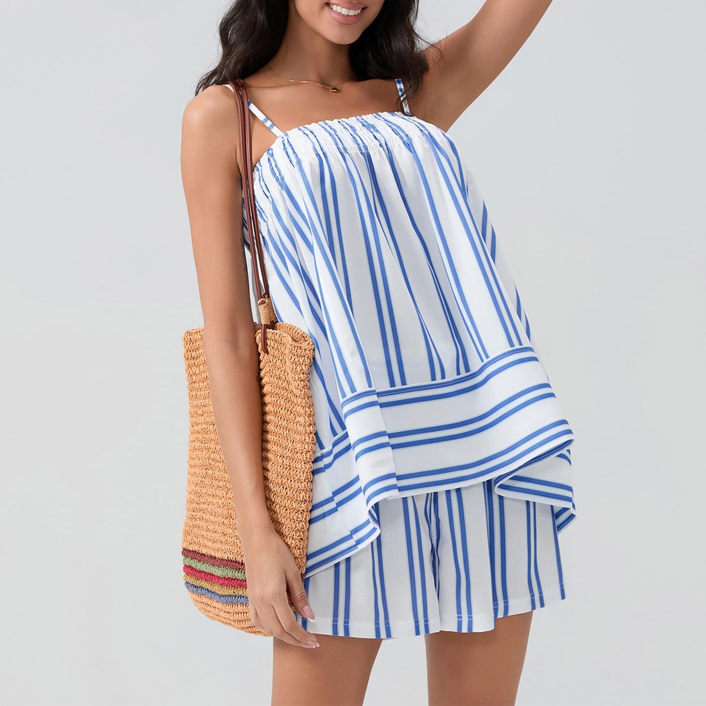 ✨Women 2 Piece Camisole Babydoll Top Tank Striped Boxer Shorts Matching Pjs Outfit Lounge Sets