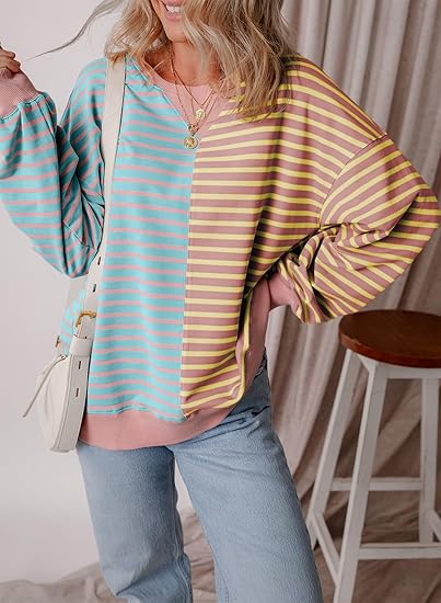 Hot Sale Womens Oversized Sweatshirts Striped Color Block Crewneck Sweatshirt