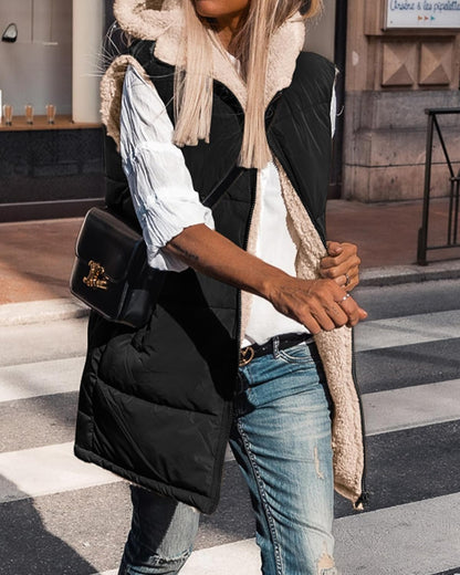 ✨Women's Sleeveless Hooded Reversible Fleece Jacket Zip Up Coat Outerwear Vests