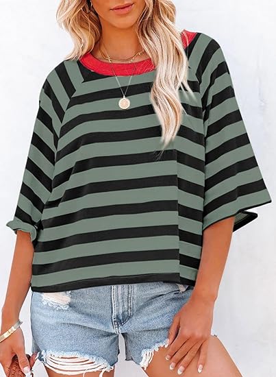 ✨Women's Cute Round Neck Striped Short Sleeve Casual Topb