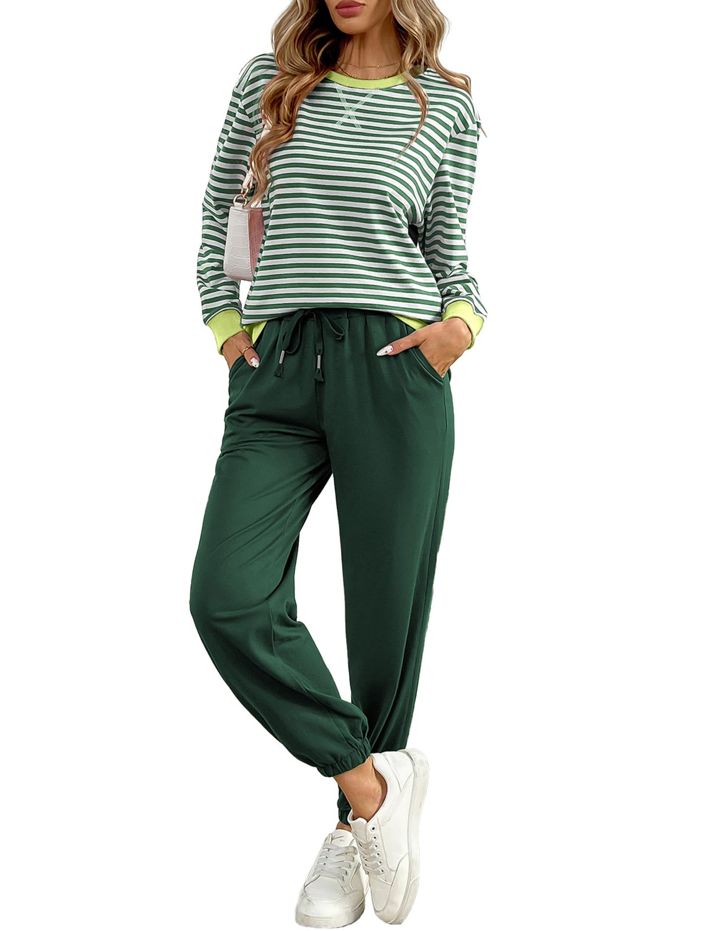 ✨Women's Cozy Striped Color Block Long Sleeve Tops Jogger Sweatpants 2 Piece Outfits