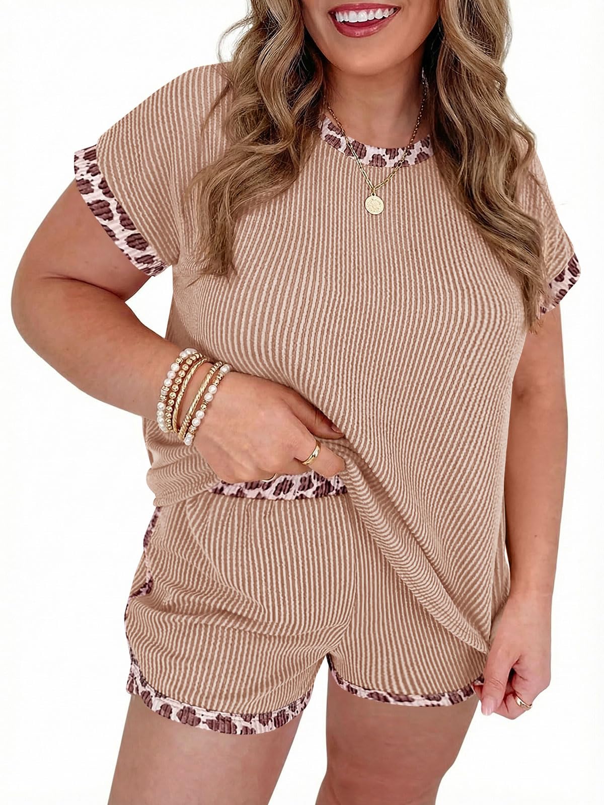 Womens Ribbed Knit Lounge Set with Leopard Print