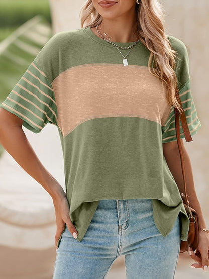 ✨Womens Oversized Crewneck Casual Color Block Striped Shirts Blouses