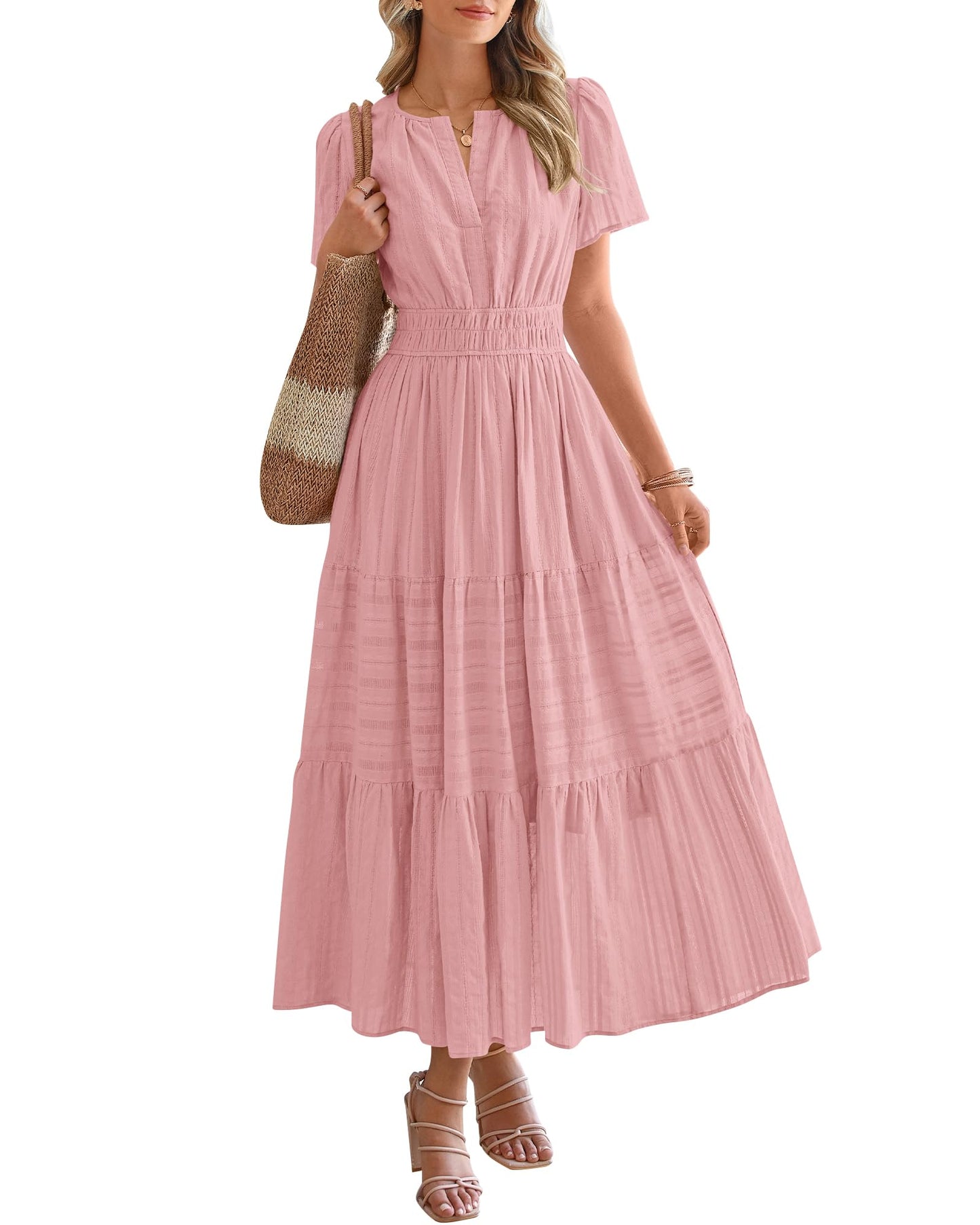 Women's Lightweight Short Sleeve V Neck Elastic Waist Dresses