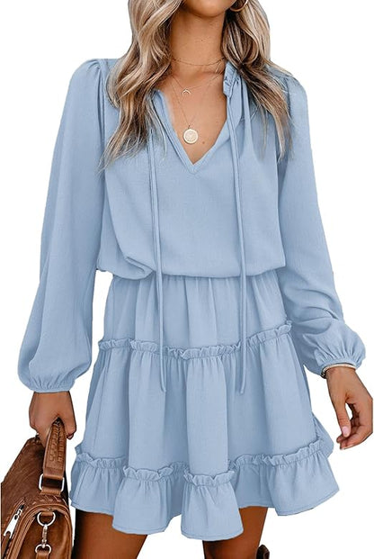 ✨Women's Tie Neck High Waist Layered Ruffle Waist Mini Dress