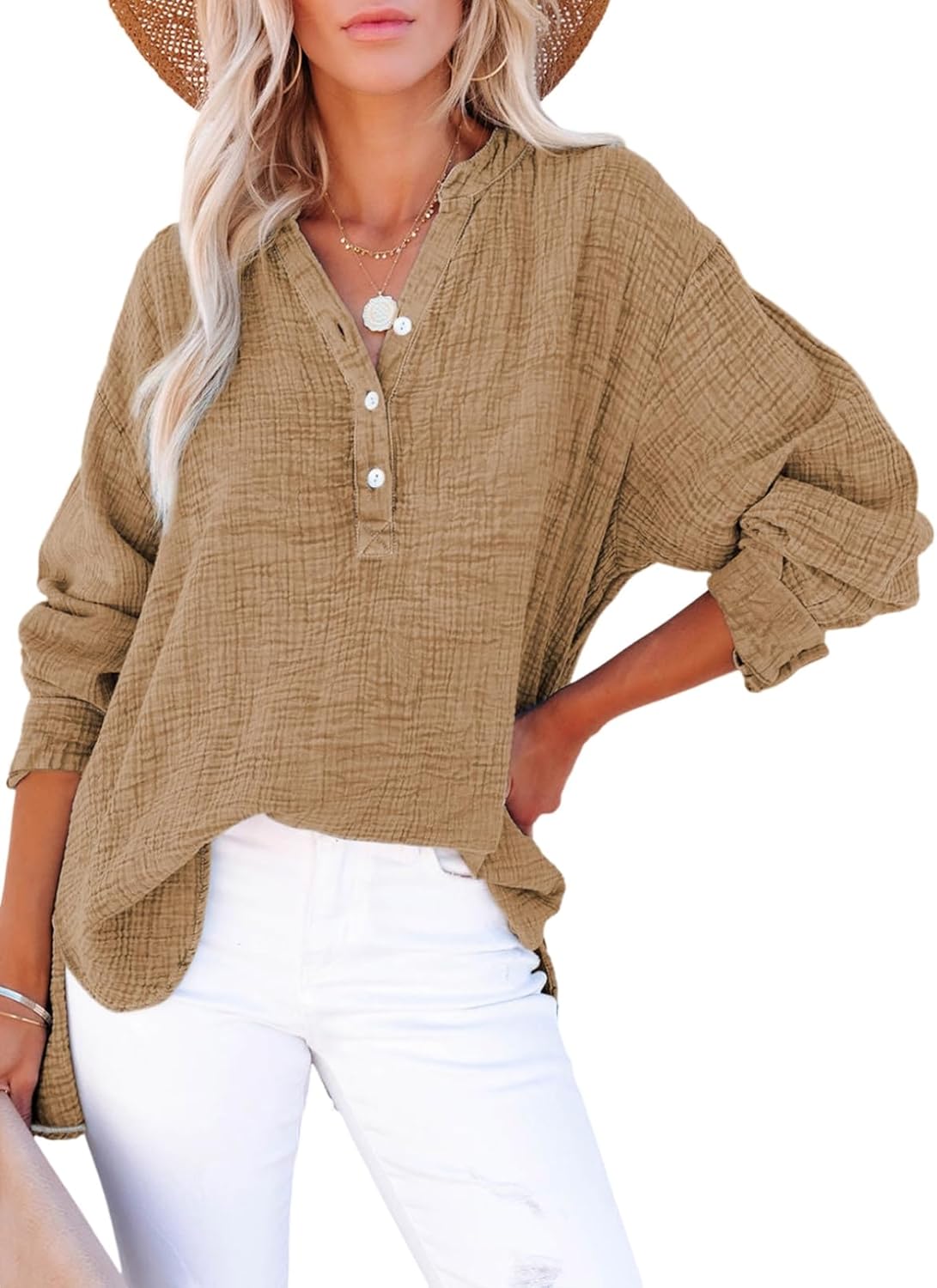 ✨Womens Casual Gauze Button Neck Long Sleeve Oversized BlousesTops