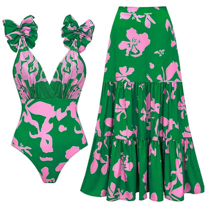 ✨Women Adjustable Shoulder Strip Plant Prints One Piece Swimsuit and Skirt/Sarong