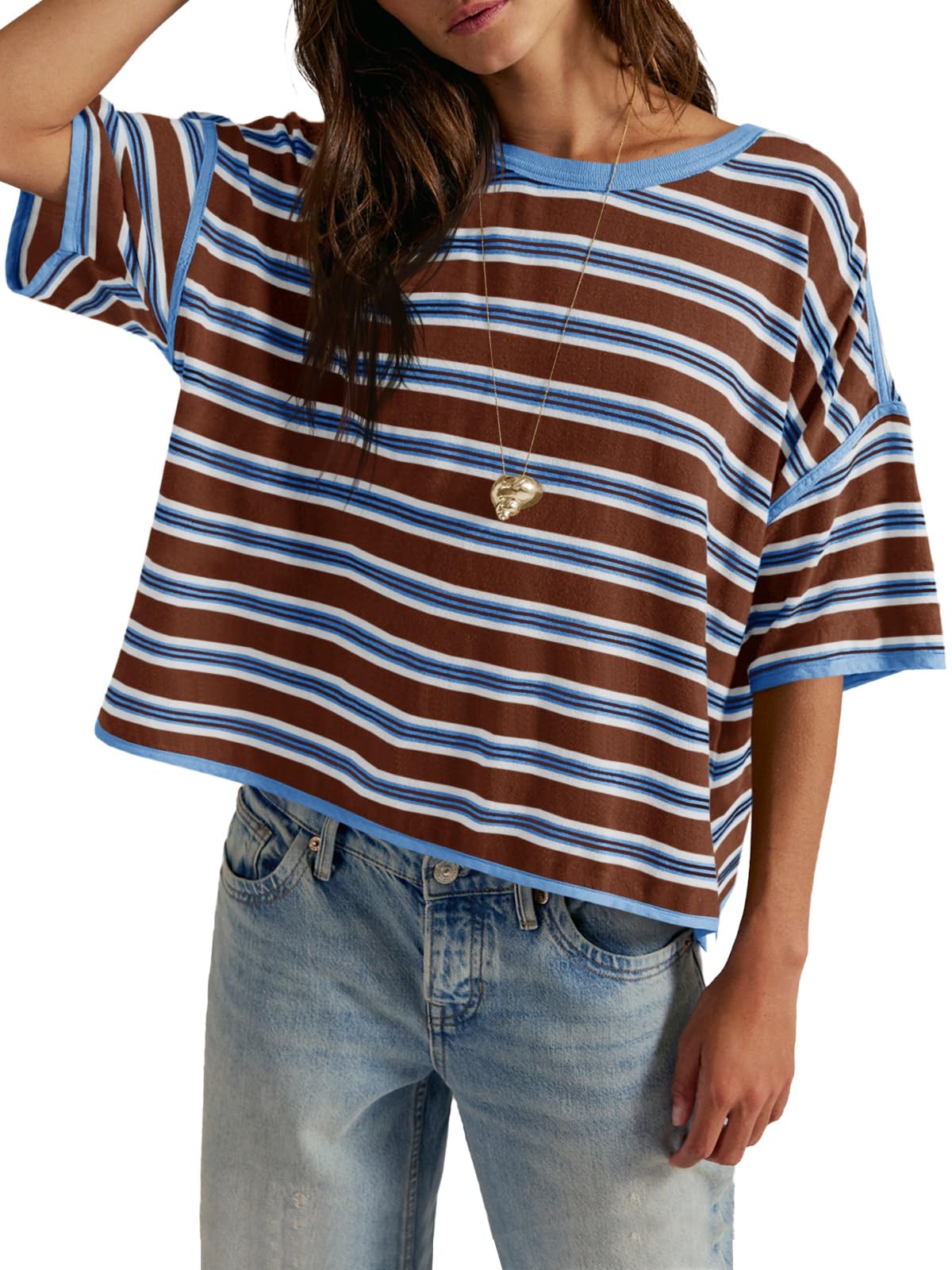 Womens Oversized Striped T-Shirts Summer Casual Color