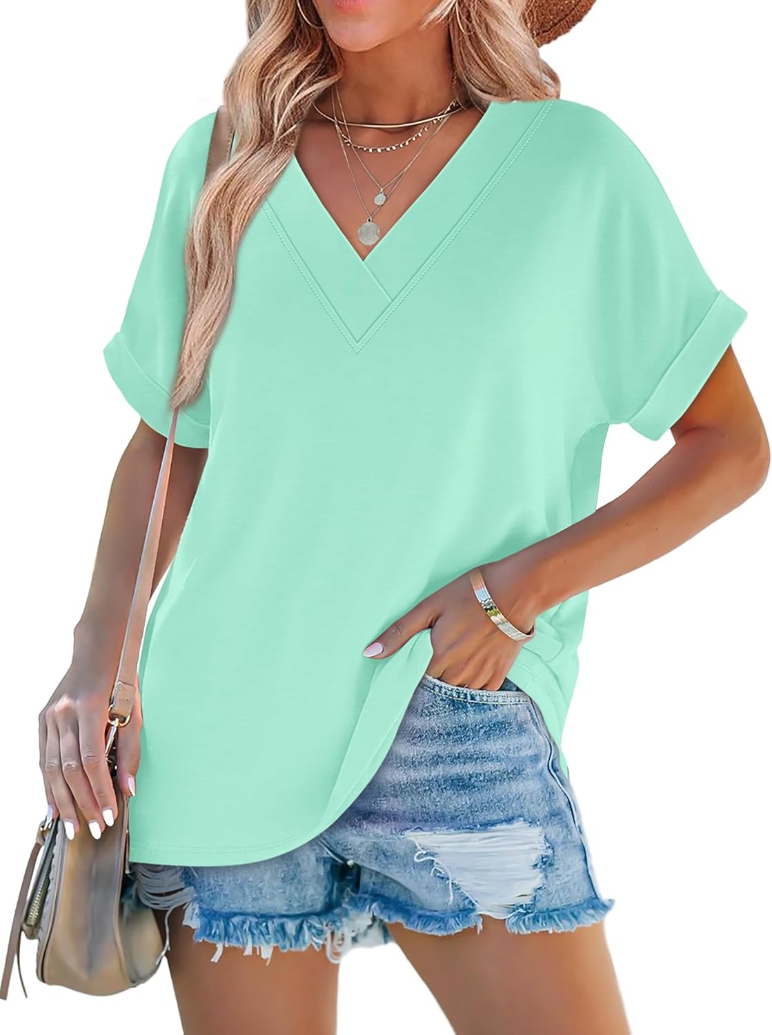 ✨Womens Summer V Neck Short Sleeve Solid Color Basic T Shirt