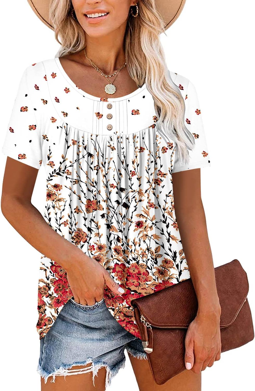 ⏰Hot Sale-Women's Summer Printed Pleated Crew Neck Tee