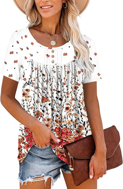 ⏰Hot Sale-Women's Summer Printed Pleated Crew Neck Tee