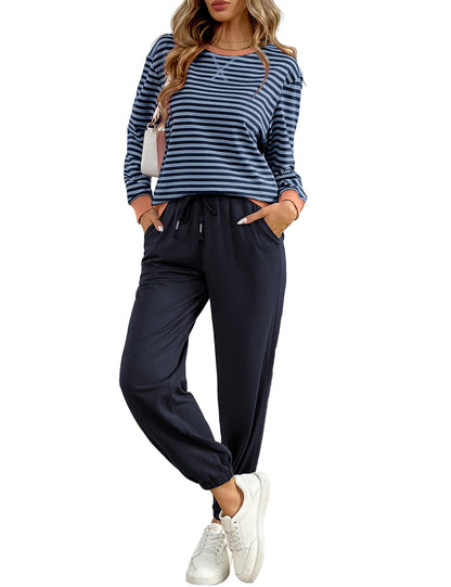 ✨Women's Cozy Striped Color Block Long Sleeve Tops Jogger Sweatpants 2 Piece Outfits