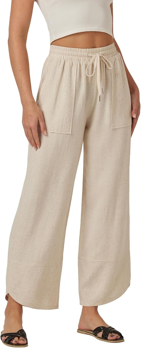 Women's Linen Drawstring Wide Leg Capri Harem Pants