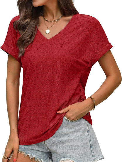 ✨Women's V Neck Eyelet Dressy Casual Basic Short Sleeve Tees