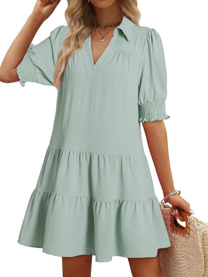 📣Smocked Sleeve Tiered V-Neck Mini Dress