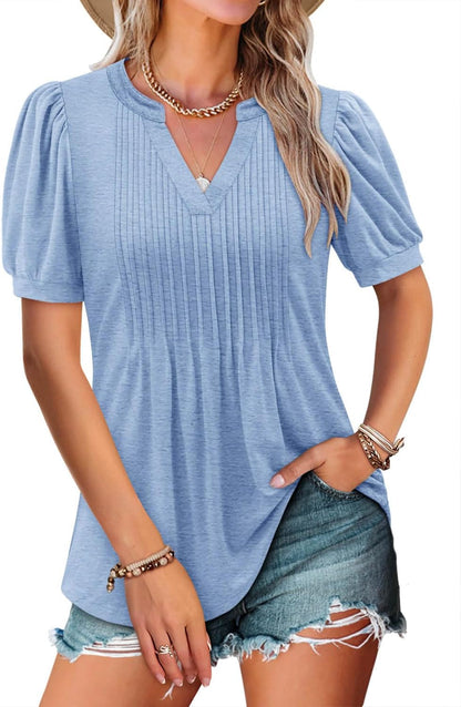 ✨Women's V-neck Loose Pleated Short-sleeved Waist Top